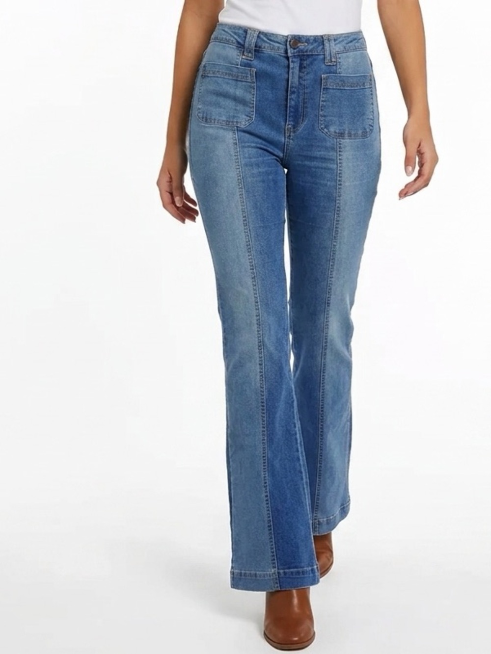 BBJ Los Angeles Two‎ Tone Colorblock Flare Jeans High Rise Front Patch Pocket 32
